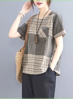 文艺棉麻复古上装2023夏装新款格子宽松女装恤体百搭时尚袖短恤T