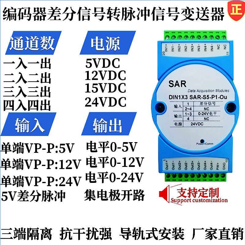 速发编码器差分5V转024V脉冲转速讯号隔离变送器012V速度测量模块