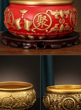 红色聚宝盆黄铜摆件家居八福招财玄关客厅电视柜办公黄铜米缸现货