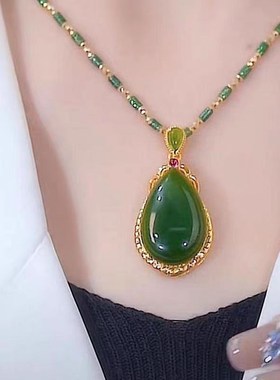 网红新款竹节仿玉水滴吊坠项链z女仿和田玉时尚大气爆款吊坠配饰