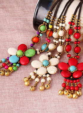 防水蜡线手工编织铜铃铛民族风大花项链女时尚夸张个性短款毛衣链