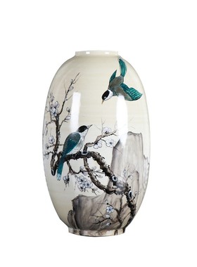 新中式创意手工彩绘山雀鸟陶w瓷花瓶摆件样板房间家居餐桌花器摆
