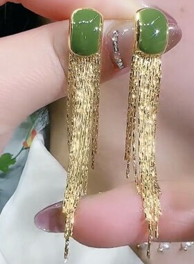 绿色滴油几何耳环j小众设计气质长款流苏耳坠高级感圆脸显瘦耳饰