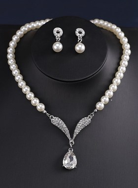 韩版个性珍珠项链耳环两件套装时尚气质水晶镶钻新娘婚纱礼服配饰