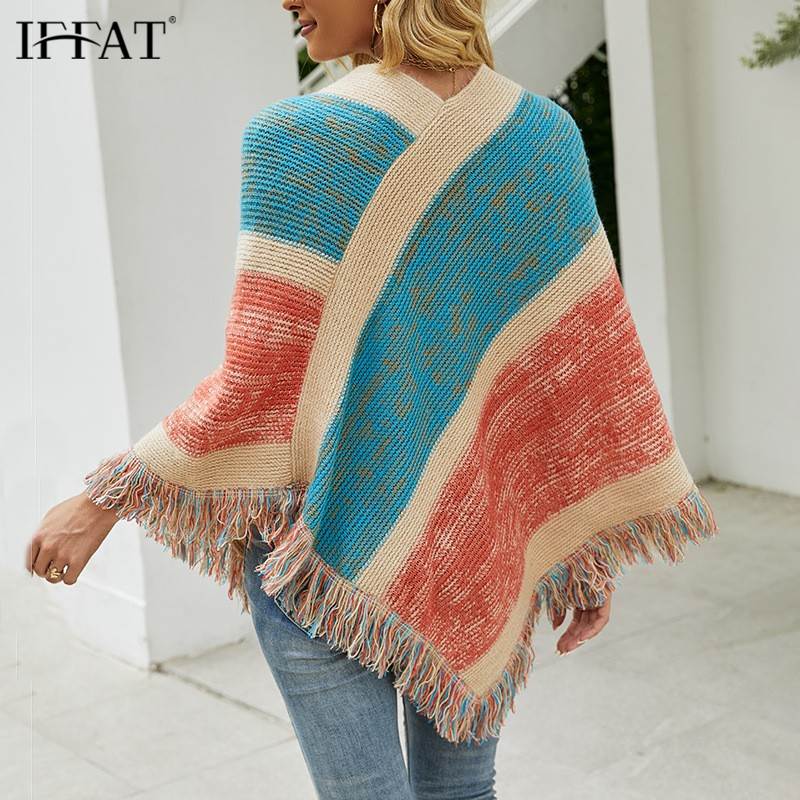 极速Knitting Cloak Poncho Women Pullover Autumn Capes Tassel - 图1