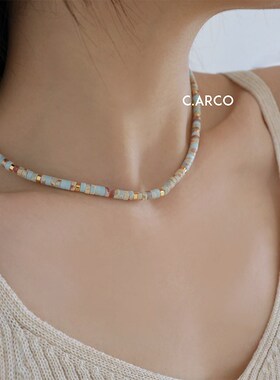 小众复古花纹石串珠彩色项t链女 简约高级感法式度假风淡蓝锁骨链