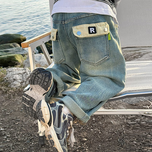 男童牛仔裤春秋款2024新款儿童春装运动裤休闲炸街长裤宽松裤子潮 - 图1