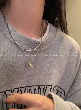 甜酷冷淡风双层月亮项链轻奢小众设计感高级气质锁骨链辣妹毛衣链