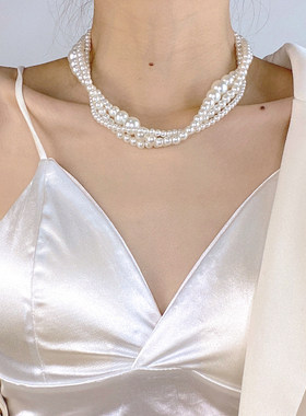 法式复古多层珍珠锁骨项链女高z级感时尚款气质毛衣链叠戴缠绕颈