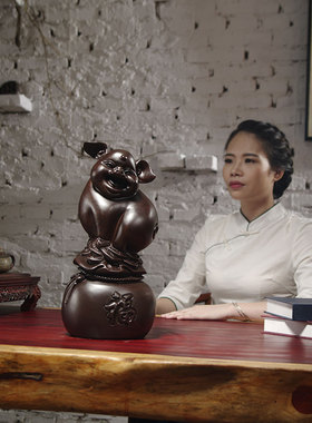 黑檀木雕生肖猪摆件实木雕刻动物家居客厅电视柜饰品红木工艺礼品