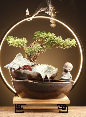 禅意中式循环流水喷泉摆s件创意家居饰品客厅玄关桌面招财水帘景