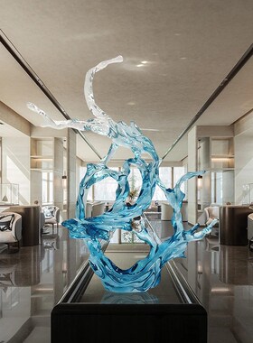 酒店大堂轻奢高档透明树脂浪花落地雕塑客厅电视柜艺术软装饰摆件