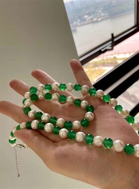 天然淡水珍珠搭配玻m璃体绿玉髓手链项链 简约百搭款 送婆婆妈妈
