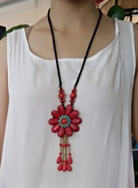 云南民族风花f朵松石长款女百搭项链手工编制毛衣链秋冬挂件配饰