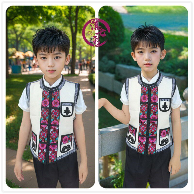 白色帆布小花牛i马甲黑色云南儿童民族服装小马褂绣花马夹单马甲,淘宝优惠券,粉丝福利购,淘宝优惠卷