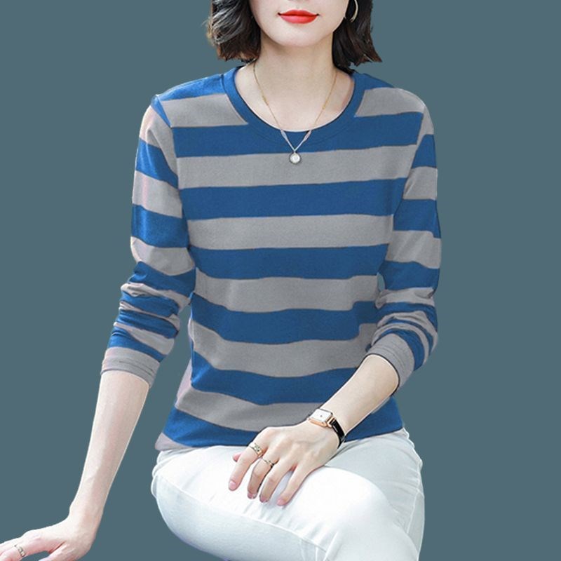 新款纯棉薄款长h袖t恤女春秋上衣服大码宽松条纹中老年妈妈打底衫