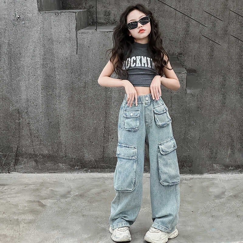 女大童大口袋牛仔裤2024春夏装新款儿童宽松工装裤洋气百搭裤子潮,淘宝优惠券,粉丝福利购,淘宝优惠卷