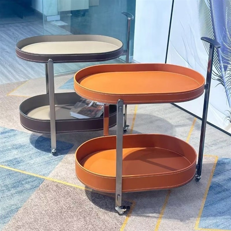 轻奢马鞍皮沙发边几客厅阳台可移动置物角几设计感小户型推车茶几 - 图0