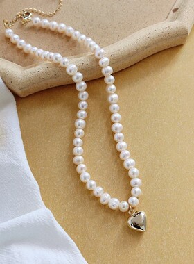小众设计复古法式淡水珍珠桃心项链女优I雅百搭气质锁骨链简约颈