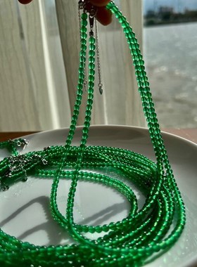 迷你4mm天然绿玉髓短款锁骨链chocker链简约百搭绿V色圆珠项链叠