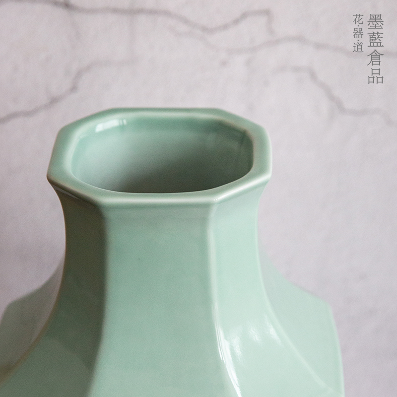 青瓷角切花瓶八角瓶小原流陶瓷花器禅意中式日式花道插花器皿特大 - 图1