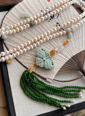 国风岫玉天然淡水珍珠贝珠长项链白色珍珠项链正圆珠光透亮表皮