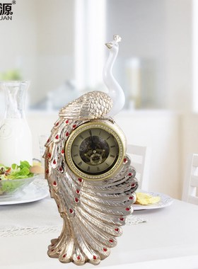 树脂电镀创意家居孔雀时钟装饰品客厅玄关电视柜公司前台座钟摆件