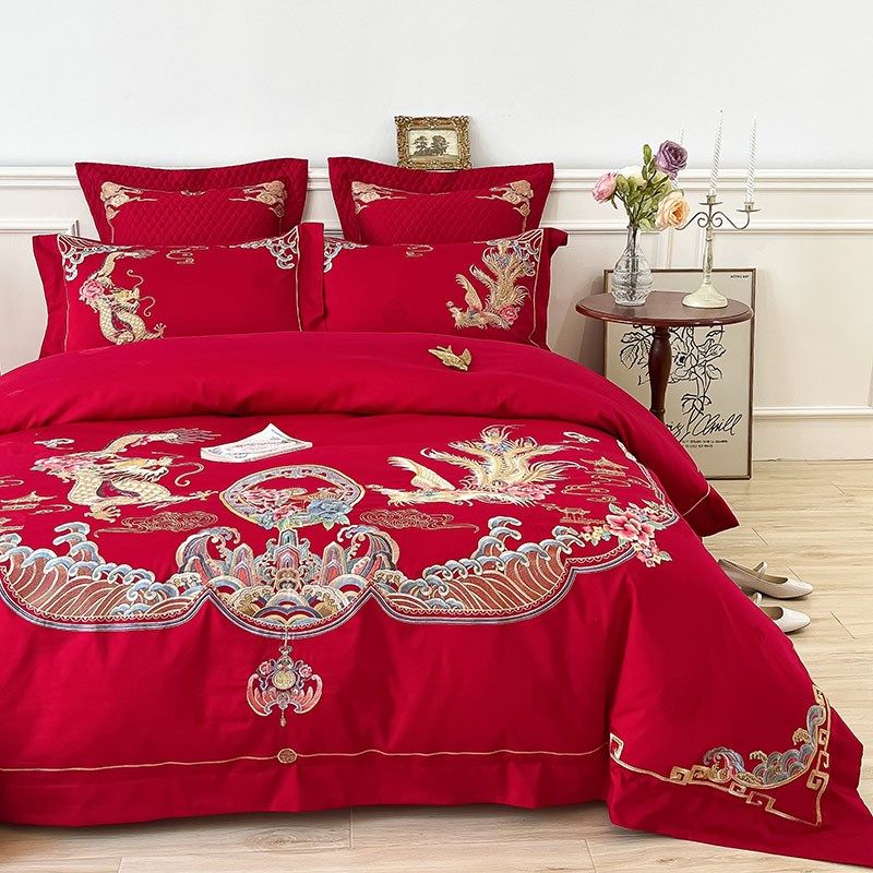 龙凤刺绣四件套大红色结婚床上用品中式婚庆全棉秋冬磨毛保暖,淘宝优惠券,粉丝福利购,淘宝优惠卷