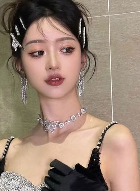 新款气质闪钻蝴蝶结新娘结婚婚纱项链短款流苏高级感项Z圈配饰大