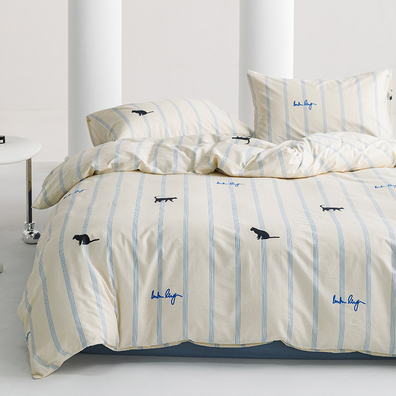 蓝色条纹猫咪全棉床上用品四件套简约学生宿舍床单被套三件套,淘宝优惠券,粉丝福利购,淘宝优惠卷