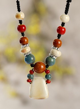 复古民族b风陶瓷项链女简约锁骨链百搭红色吊坠长款毛衣链挂件配