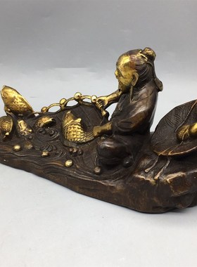 仿古纯铜摆件渔翁得利铜像风水铜器家用办公室装饰品工艺礼品摆件