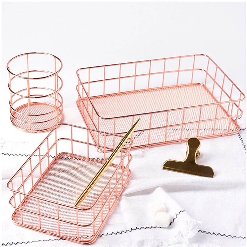 推荐Rose Gold Iron Art Nordic Makeup Organizer Basket Eyelin-图0