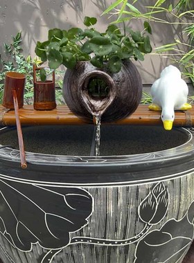 庭院陶罐流水器陶瓷鱼缸循环过滤增氧竹子搭配水池石槽造景摆件配