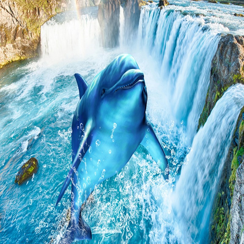 推荐3D Wallpaper Modern Waterfalls Dolphin Floor Tiles Mural - 图2