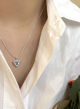 韩国时尚b个性蓝色皓石褶皱爱心银项链女时尚百搭高级感锁骨链