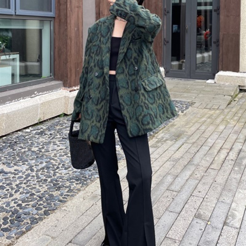 新品TWOTWINSTYLE Green Leopard Graphic Female Blazer Notched - 图1