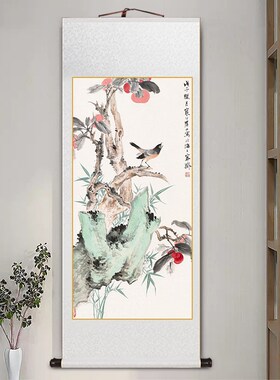 江寒汀国画入户玄关画新中式客厅装饰画花鸟卷轴挂画茶室书房壁画