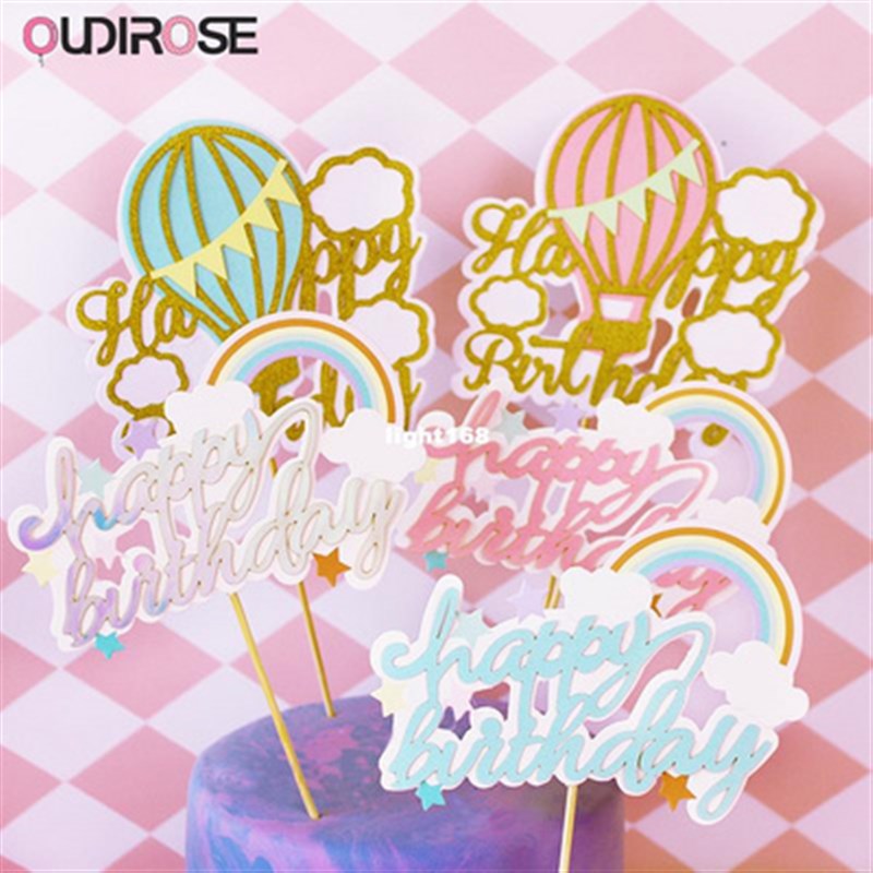 速发Hot air balloon rainbow Cake Toppers Happy Birthday Cake-图1