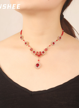 红色项链本命年锆石吊坠锁骨w链女新娘挂饰红水晶中国风晚礼服配