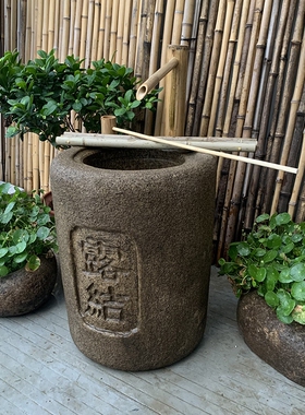 日式庭院流水景i观石钵竹子摆件鹅卵石盆水槽水钵小景石槽室外装