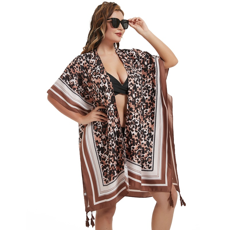 极速Long leopard patterned chiffon beach cover up shawl biki-图1