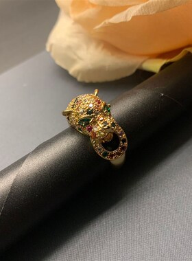 青岛中古 清新自然风开口戒指小众满钻镶嵌豹子造型戒指
