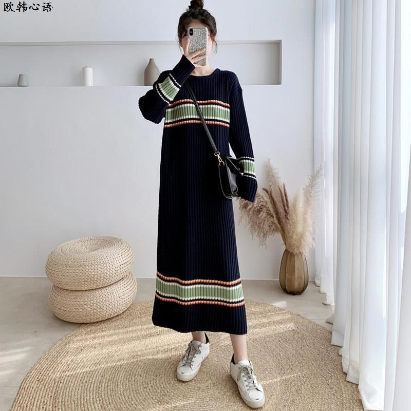毛衣女秋冬外穿2025新款长款过膝宽松大码显瘦条纹圆领针织连衣裙,淘宝优惠券,粉丝福利购,淘宝优惠卷