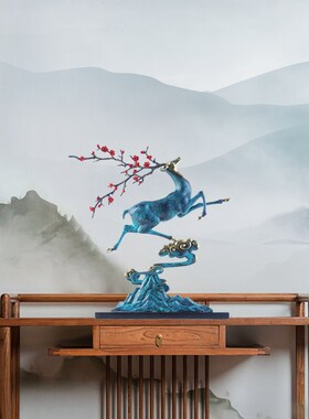 工厂销新中式铜鹿摆m件玄关电视柜家居装饰品客厅办公桌面乔迁开