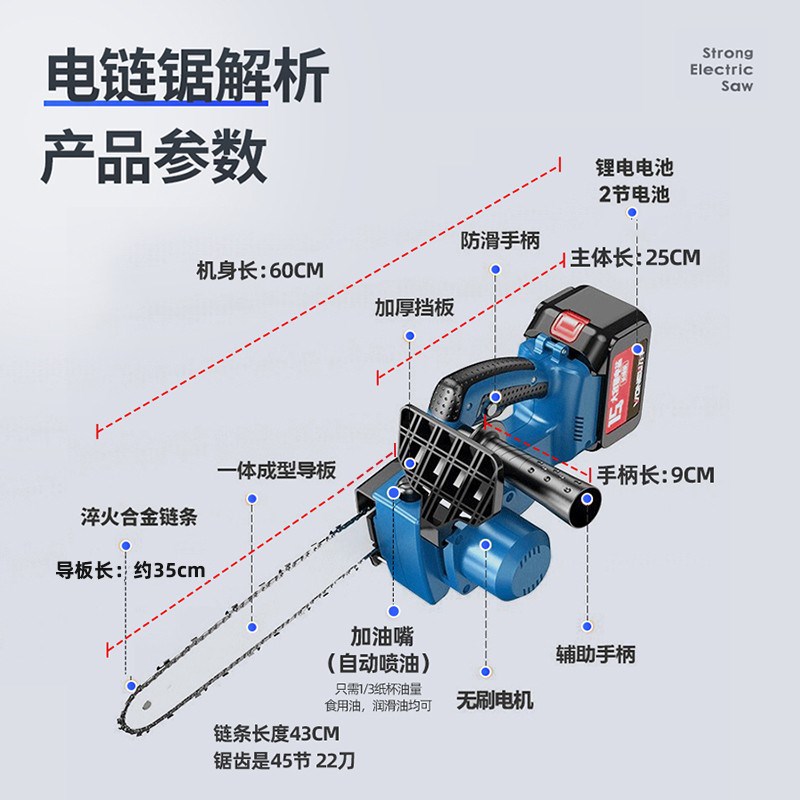 速发梦选(MENGXUAN)电锯家用伐木锂电锯电链锯充电式12寸无刷大 - 图2