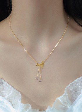 蝴蝶结流苏小众h设计轻奢钛钢项链百搭冷淡风锁骨链高级感ins饰品