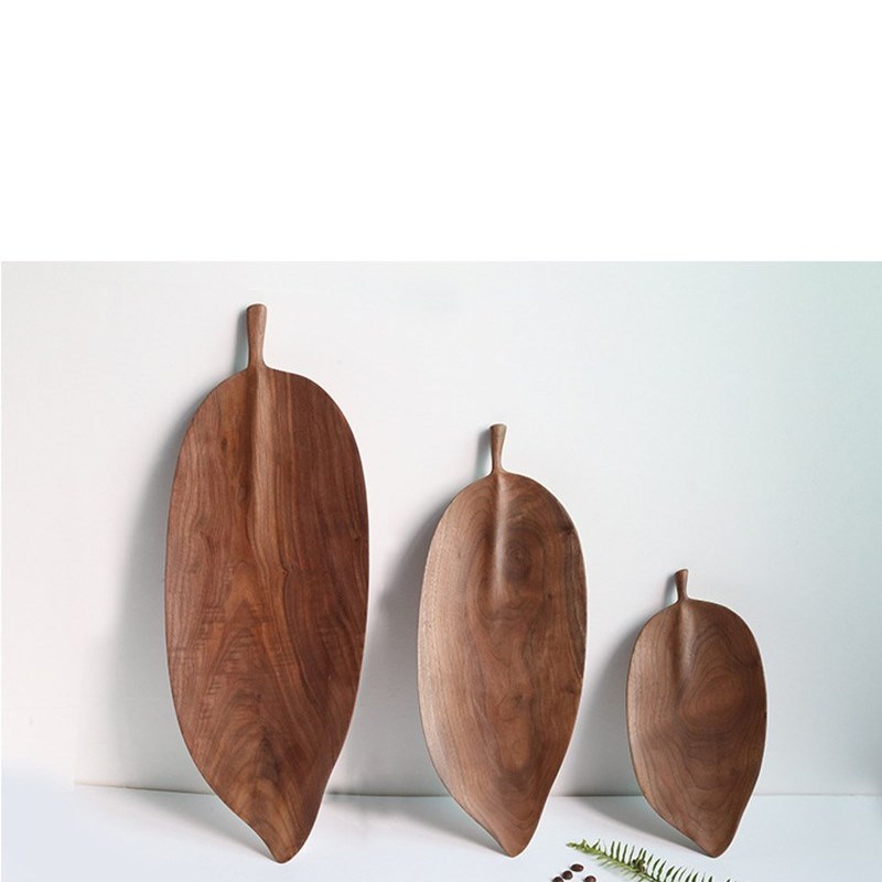 Leaf Pattern Walnut Rubber Wood Pan Plate Fruit Dishes Sauce-图1