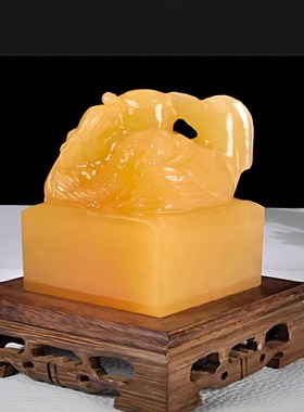 天然黄玉龙凤印章摆件玉石大印龙凤呈祥玉玺客厅玄关乔迁开业礼品