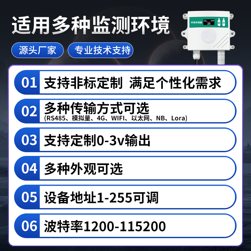 测管二氧a化碳管感器农业CO2温湿度变送器传道大棚气体浓度检风仪 - 图0